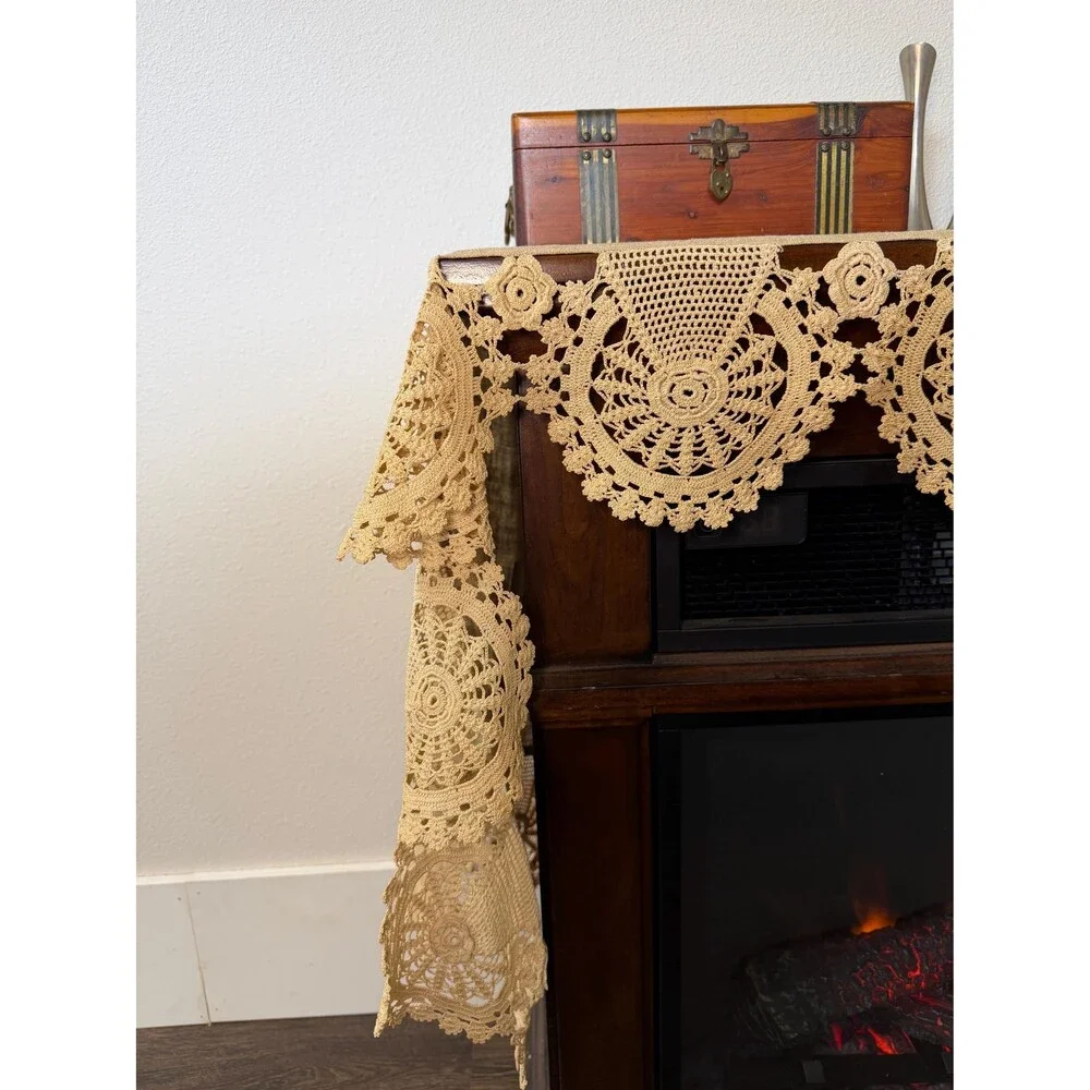 Vintage Crochet Table Runner, 75 Inch Floral Lace Dresser Scarf